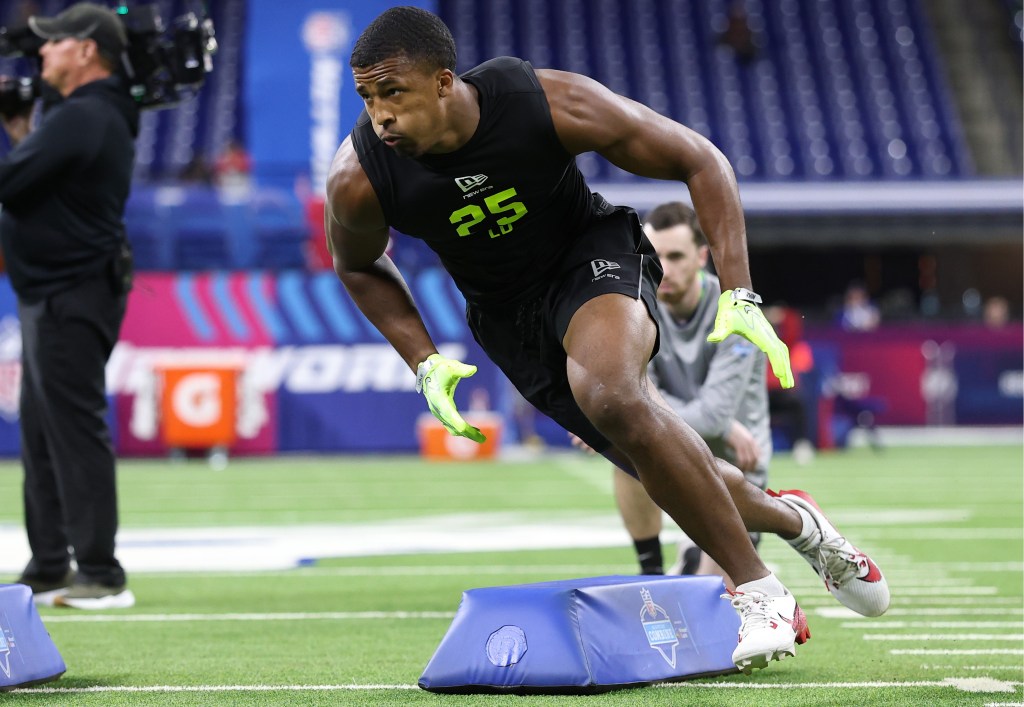 Sonny Styles participates in a drill during the 2026 NFL Scouting Combine at Lucas Oil Stadium on Feb. 26, 2026 in Indianapolis.
