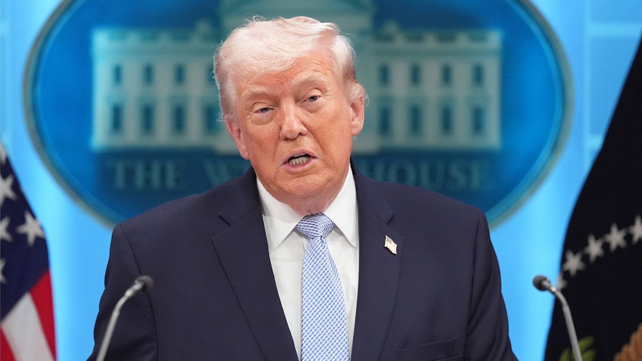 President Donald Trump speaks with reporters in the James Brady Press Briefing Room at the White House, Monday, April 6, 2026, in Washington. (AP Photo/Mark Schiefelbein)
