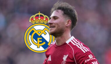 Real Madrid badge next to Liverpool midfielder Alexis Mac Allister - copyright TEAMtalk