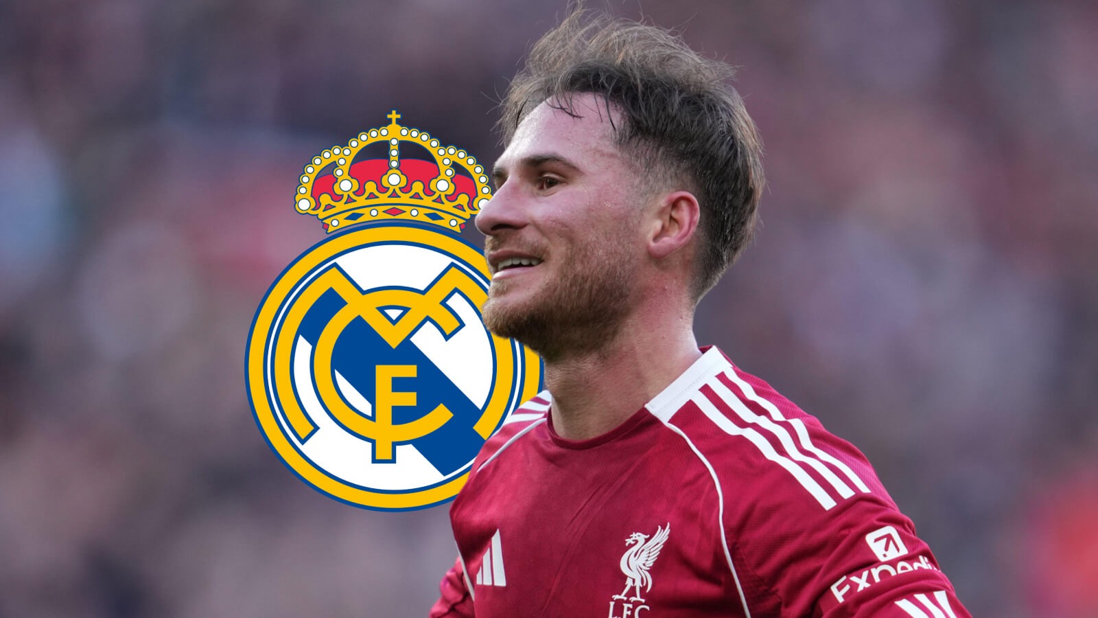 Real Madrid badge next to Liverpool midfielder Alexis Mac Allister - copyright TEAMtalk