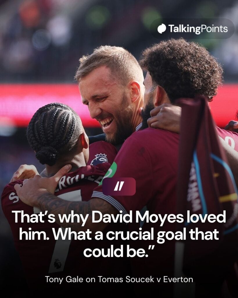 Tomas Soucek of West Ham United celebrates scoring his team's first goal with teammates during the Premier League match between West Ham United and Everton at London Stadium on April 25, 2026 in London, England.