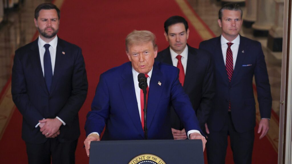 President Donald Trump speaks from the East Room of the White House in Washington, Saturday, June 21, 2025, after the U.S. military struck three Iranian nuclear and military sites, directly joining Israel's effort to decapitate the country's nuclear program, as Vice President JD Vance, Secretary of State Marco Rubio and Defense Secretary Pete Hegseth listen.