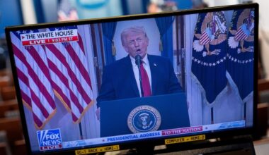 President Donald Trump is seen speaking about the Iran war Wednesday on a television screen in the James Brady Press Briefing Room of the White House.