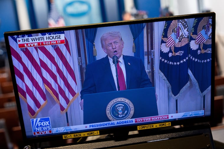 President Donald Trump is seen speaking about the Iran war Wednesday on a television screen in the James Brady Press Briefing Room of the White House.