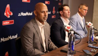 Former Red Sox manager Alex Cora (left) and chief baseball officer Craig Breslow were joined by team president Sam Kennedy at an end-of-season press conference on Oct. 6, 2025.