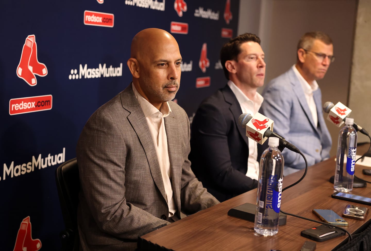 Former Red Sox manager Alex Cora (left) and chief baseball officer Craig Breslow were joined by team president Sam Kennedy at an end-of-season press conference on Oct. 6, 2025.