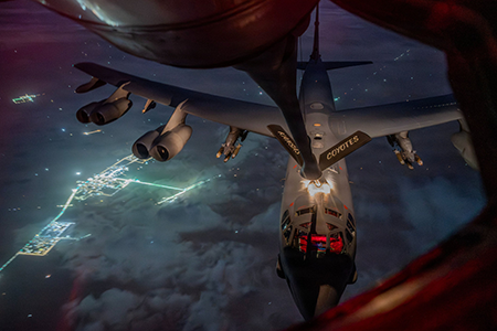 U.S. B-52 bomber flies over Rafah, on the Gaza-Egypt border, as part of the Israeli and U.S. military operation against Iran that began Feb. 28 and has since expanded to affect other countries. (Photo by U.S. Central Command) 