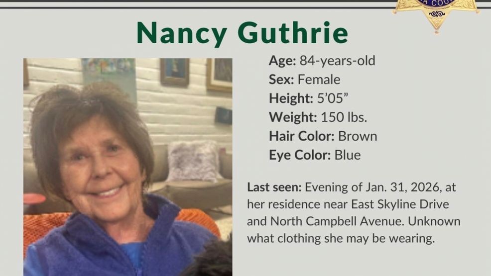 FILE - This image provided by the Pima County Sheriff's Department on Feb. 2, 2026, shows a missing person alert for Nancy Guthrie. (Pima County Sheriff's Department via AP, File)