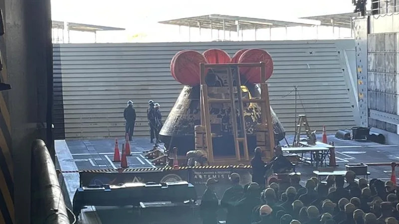 The Orion spacecraft is seen aboard the USS John P. Murtha in San Diego. (KSWB)