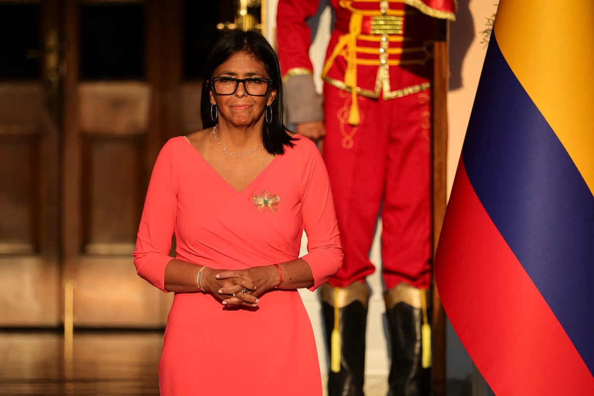 Interim President of Venezuela Delcy Rodríguez speaks during an official visit to Venezuela at Miraflores Palace on April 24, 2026 (Getty)