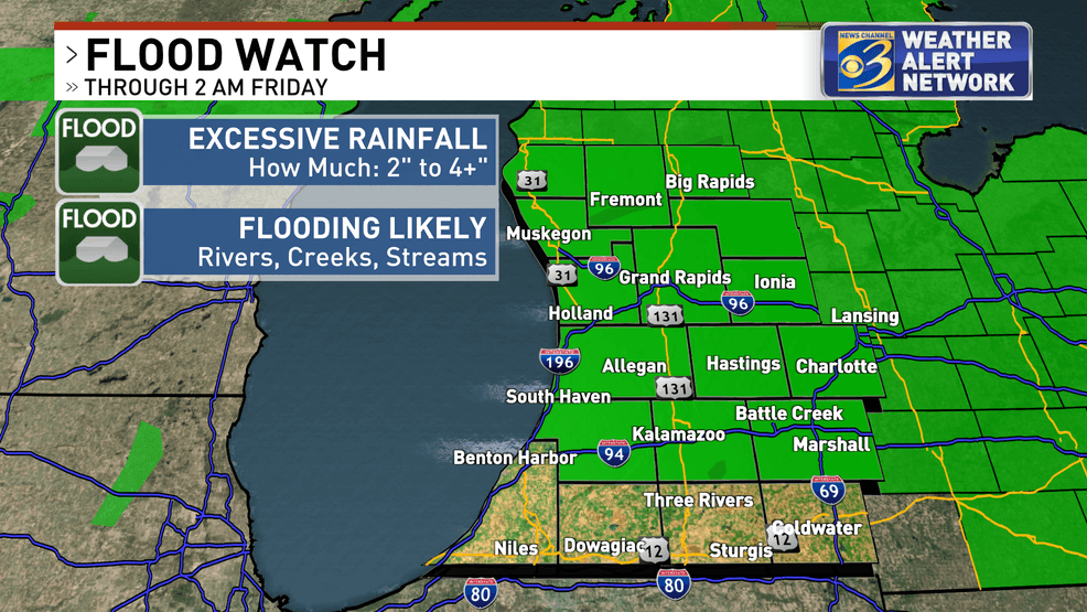 A Flood Watch was expanded to include nearly all of West Michigan from 8 p.m. this evening through 2 a.m. Friday morning. An additional 2-inches to 4-inches of rain are possible due to several rounds of storms and possible severe weather. If you live in a low-lying, normally flood prone area or along the Portage river in Vicksburg or the Muskegon river at Bridgeton, please stay on guard. (Meteorologist Jeff Porter/WWMT){p}{/p}{p}{/p}