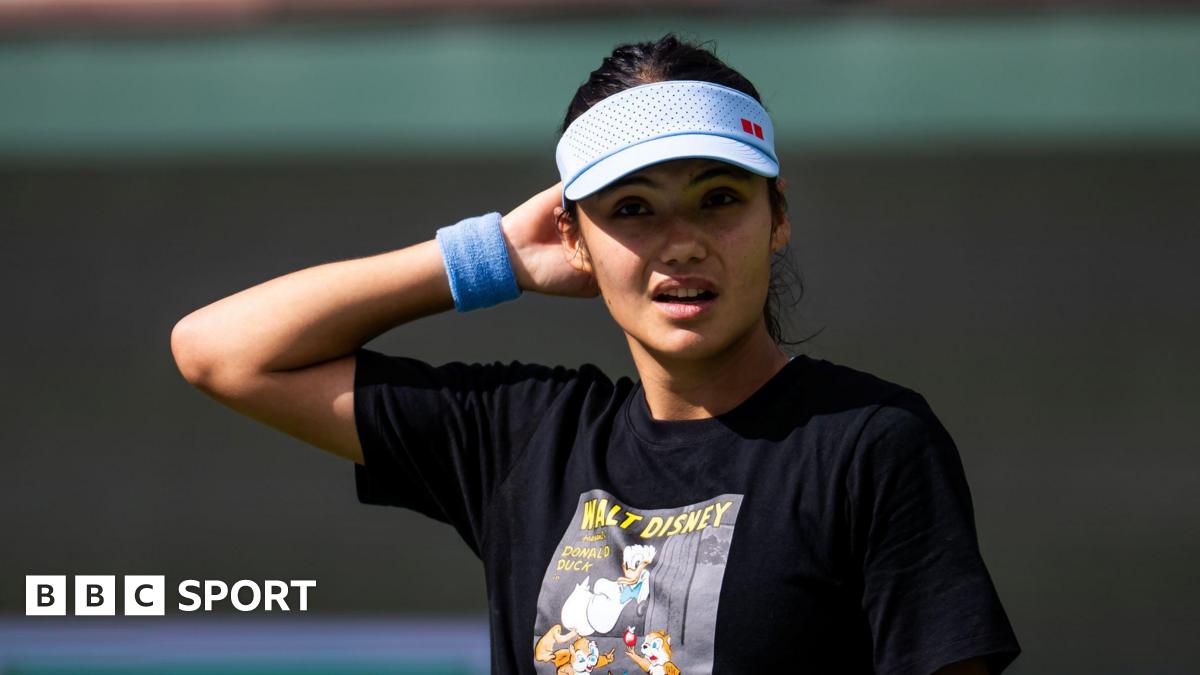 Emma Raducanu reacts during practice at Indian Wells