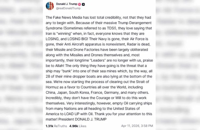 US President Donald trump posts on Truth Social on April 11, 2026. (credit: SCREENSHOT VIA TRUTH SOCIAL)