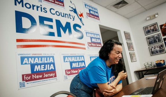 Analilia Mejia, Democratic candidate for New Jerseys 11th Congressional District, speaks with supporters online during a campaign event in Morristown, New Jersey, U.S., April 16, 2026.