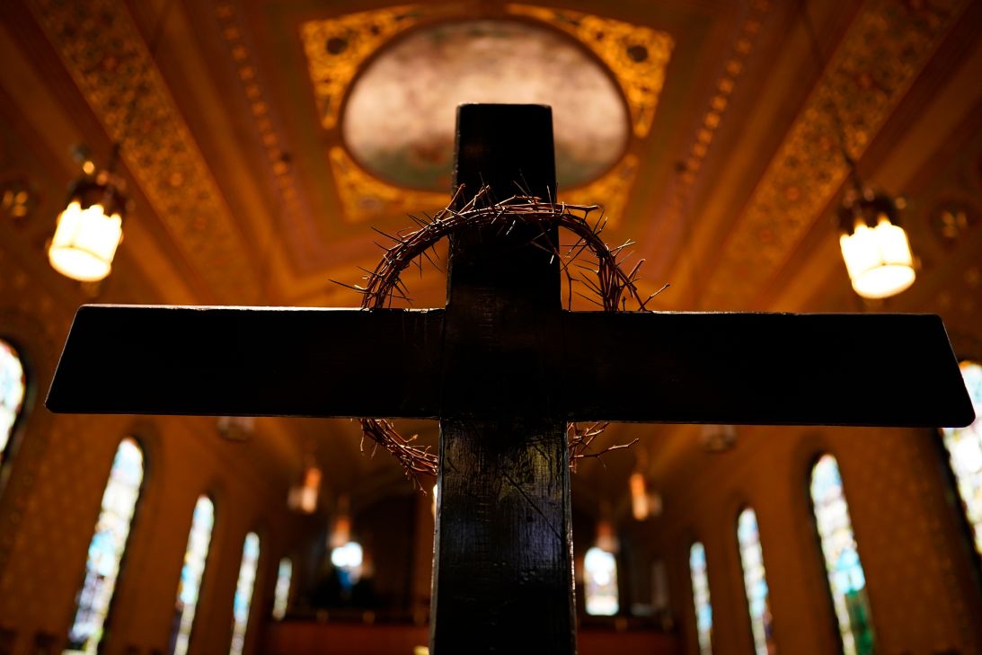 A woven crown of thorns, depicting the ones placed on the head of Jesus during the events leading up to his crucifixion, during a service at a Catholic church in Shamokin, Pennsylvania, on April 16, 2022.
