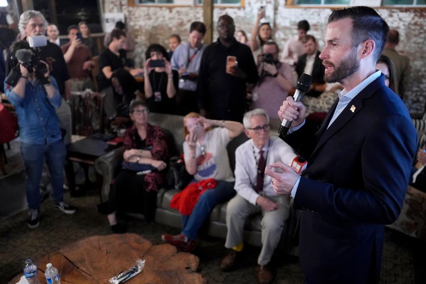 Clay Fuller speaks to supporters after learning he would advance to a runoff election during an election night watch party in Rome, Georgia, on March 10.