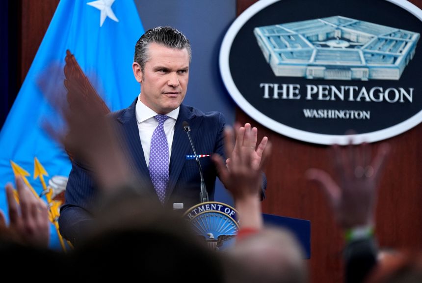 Defense Secretary Pete Hegseth speaks to members of the media during a press briefing at the Pentagon on Tuesday, March 31.