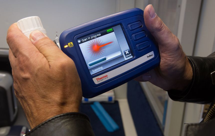 An electronic drug test uses a laser to scan for narcotics, even through a container.