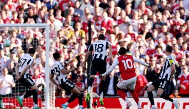 Eberechi Eze of Arsenal scores his team's first goal during the Premier League match between Arsenal and Newcastle United at Emirates Stadium on Ap...