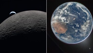 Split image: left side shows Earth rising above the Moon's cratered surface; right side shows a full view of Earth from space, with clouds, oceans, and continents visible against the black background.