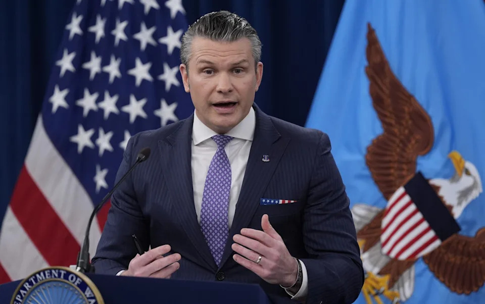 Defense Secretary Pete Hegseth speaks to members of the media during a press briefing at the Pentagon in Washington