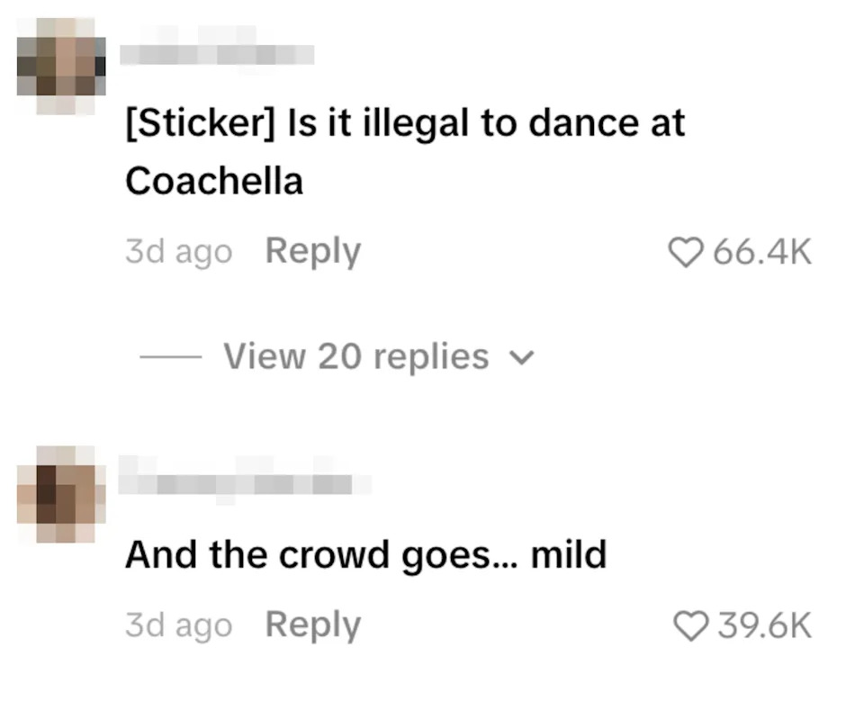 Comment thread: One asks if dancing is illegal at Coachella, another jokes with "And the crowd goes... mild."