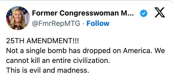 Twitter post by a former congresswoman calls for the 25th Amendment, condemning potential widespread destruction as evil and madness