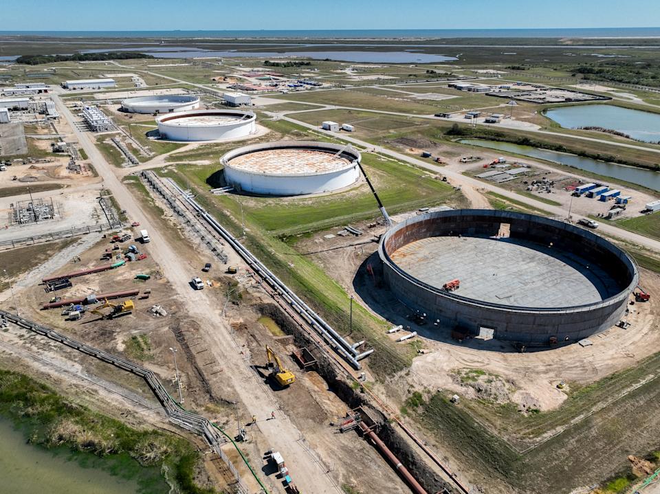 FREEPORT, TEXAS - OCTOBER 19: In an aerial view, the Strategic Petroleum Reserve storage at the Bryan Mound site is seen on October 19, 2022 in Freeport, Texas. US President Joe Biden is planning to release fifteen million barrels of oil from the nation's emergency reserves in an effort to continue curving gas prices around the country. The deal completes Biden's March initiative to release 180 million barrels from the Strategic Petroleum Reserve.  (Photo by Brandon Bell/Getty Images)