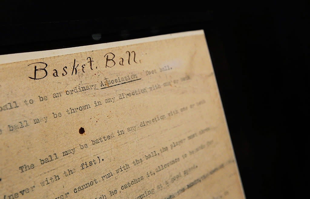 A vintage document titled "Basket Ball," outlining the original rules of the game, typed on aged paper