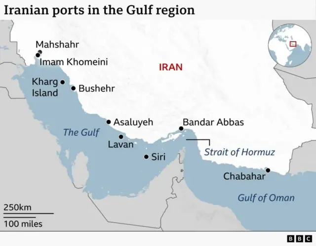 A map of Iranian ports in the Gulf region.