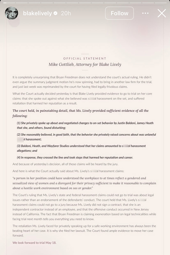 Blake Lively's official lawsuit statement from her attorney addressing harassment claims and court rulings on the case.