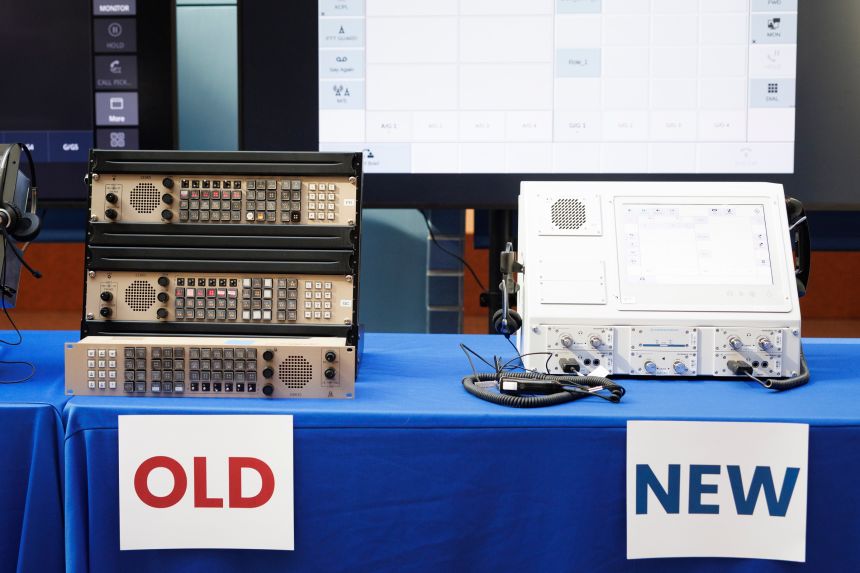 A communications system from 1994 its pictured beside its replacement at a news conference at the Department of Transportation Headquarters on Tuesday, April 21, 2026.