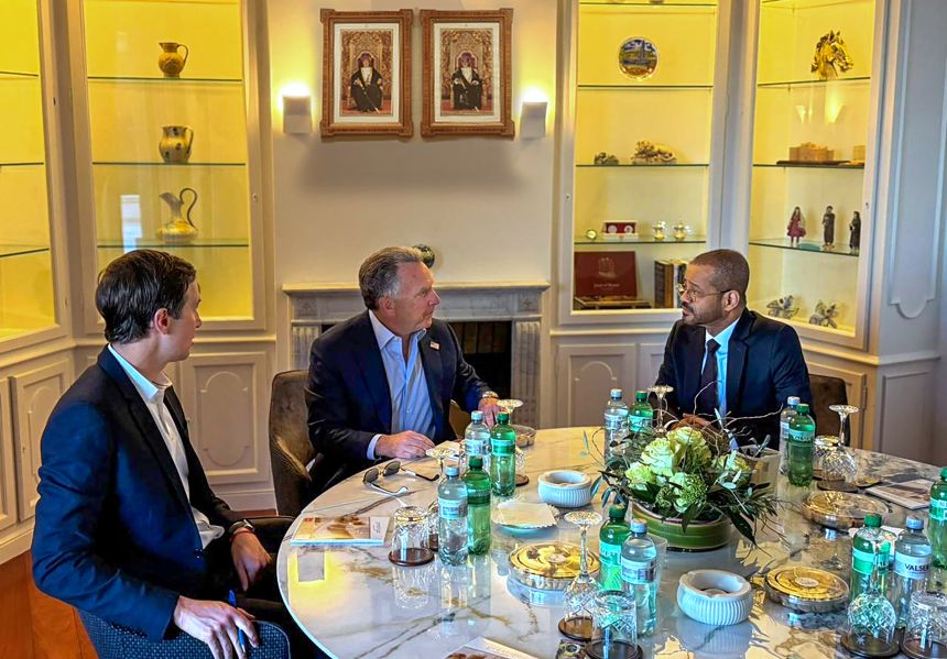 US special envoy Steve Witkoff, center, and Jared Kushner, left, hold indirect talks with Iran over its nuclear program on February 26, mediated by Oman's Foreign Minister Badr al-Busaidi.