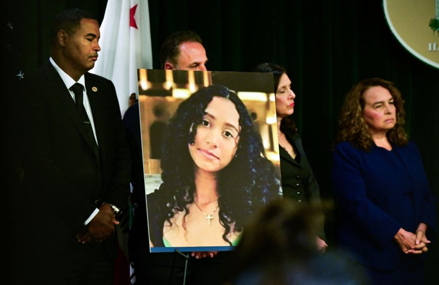 A portrait of the late Celeste Rivas Hernandez is shown during a news briefing by Los Angeles County District Attorney Nathan Hochman.