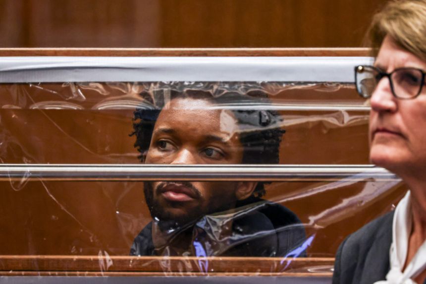 D4vd looks on from behind his defense attorney, Marilyn Bednarski, during his April 20 arraignment on charges of murder in the case of Celeste Rivas Hernandez at Clara Shortridge Foltz Criminal Justice Center in Los Angeles.