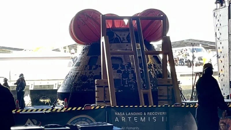 The Orion spacecraft is seen aboard the USS John P. Murtha in San Diego. (KSWB)