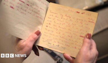 A close up of a school exercise book from the 1960s, the pages are yellowed. One page is filled with text handwritten in red ink, which details a trip to the shops. At the bottom of the page, underlined, a teacher has written "This is not news".