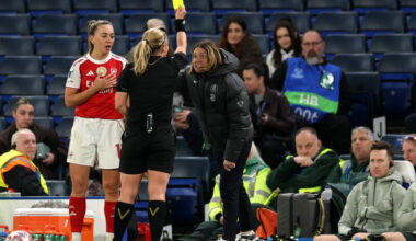 LONDON, ENGLAND - APRIL 01: Referee Frida Mia Klarlund shows a yellow card to Sonia Bompastor, Manager of Chelsea, as Katie McCabe of Arsenal looks...