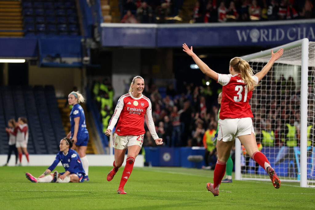 LONDON, ENGLAND - APRIL 01: Stina Blackstenius of Arsenal celebrates with teammate Smilla Holmberg after scoring a goal which is later disallowed due to offside following a VAR review during the UEFA Women's Champions League 2025/26 Quarter-finals Second Leg match between Chelsea and Arsenal at Stamford Bridge on April 01, 2026 in London, England. (Photo by Warren Little/Getty Images)