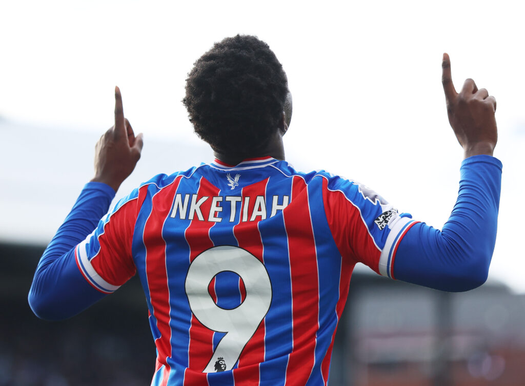 LONDON, ENGLAND - SEPTEMBER 27: Eddie Nketiah of Crystal Palace celebrates scoring his team's second goal during the Premier League match between Crystal Palace and Liverpool at Selhurst Park on September 27, 2025 in London, England. (Photo by Tom Dulat/Getty Images)