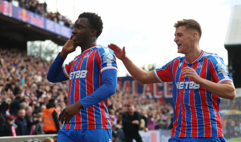 LONDON, ENGLAND - SEPTEMBER 27: Eddie Nketiah of Crystal Palace celebrates scoring his team's second goal with team mate Justin Devenny during the ...