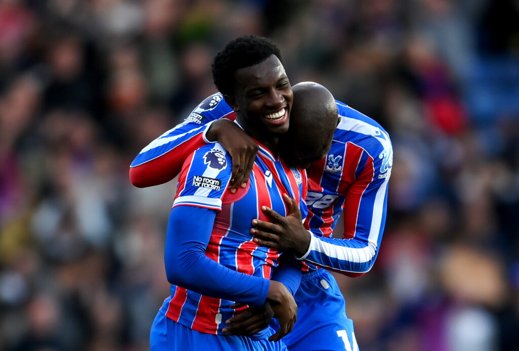 LONDON, ENGLAND - SEPTEMBER 27: Eddie Nketiah of Crystal Palace celebrates scoring his team's second goal with teammate Jean-Philippe Mateta during the Premier League match between Crystal Palace and Liverpool at Selhurst Park on September 27, 2025 in London, England. (Photo by Alex Broadway/Getty Images)