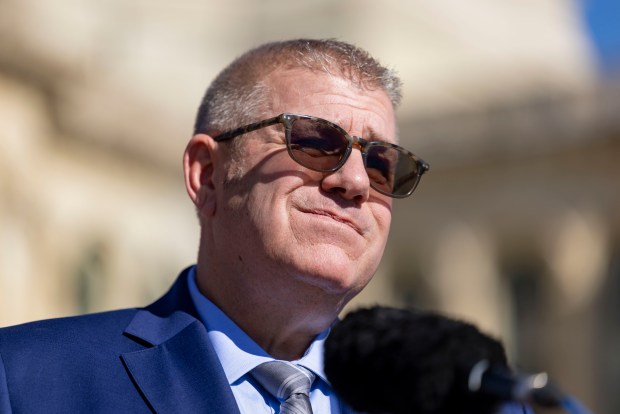 Darren Bailey, a GOP gubernatorial candidate, speaks outside after Gov. JB Pritzker delivered his annual State of the State and budget address on Feb. 18, 2026, at the Illinois State Capitol in Springfield. (Brian Cassella/Chicago Tribune)