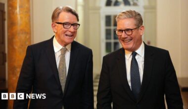 File photo dated 27/02/25 of Prime Minister Sir Keir Starmer (right) and British ambassador to the United States Lord Peter Mandelson during a welcome reception at the ambassador's residence in Washington, DC. Both are wearing dark suits, white shirts and patterned ties. They appear to be laughing.