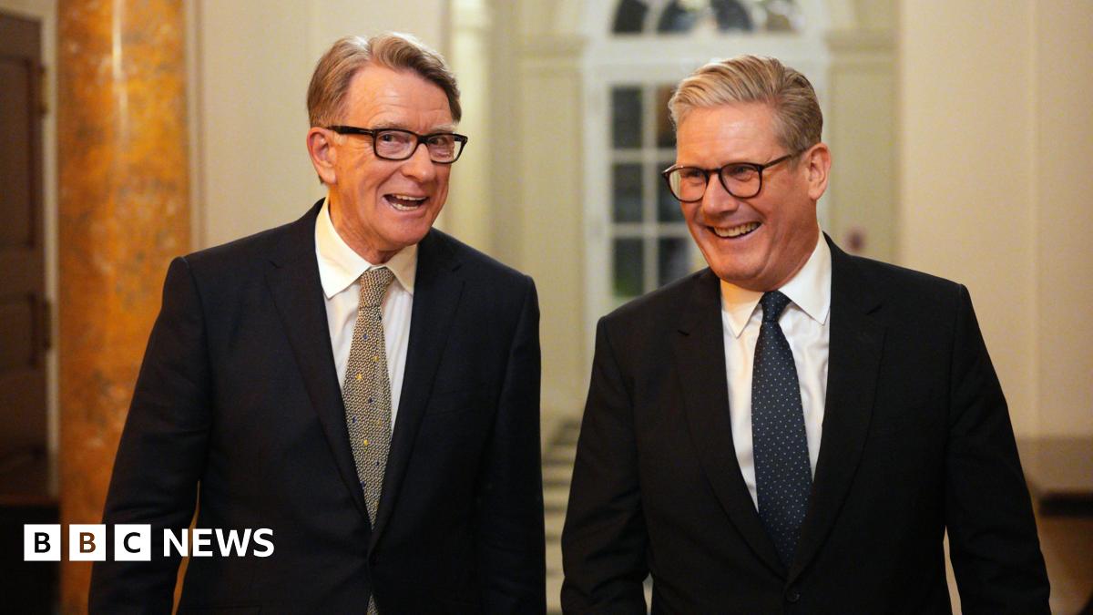 File photo dated 27/02/25 of Prime Minister Sir Keir Starmer (right) and British ambassador to the United States Lord Peter Mandelson during a welcome reception at the ambassador's residence in Washington, DC. Both are wearing dark suits, white shirts and patterned ties. They appear to be laughing.