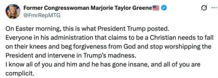 Tweet by Marjorie Taylor Greene criticizing a post by President Trump and calling for intervention in his behavior