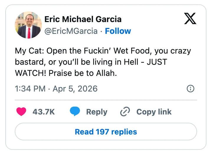 Tweet expressing a cat's humorous and dramatic demand for wet food, with threats and comical praise