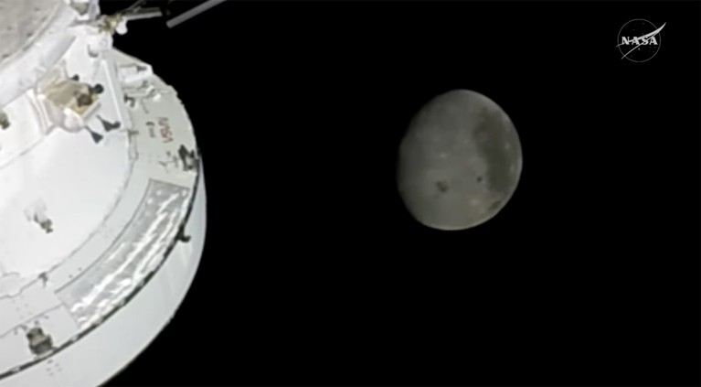 The exterior camera of the Orion capsule with the Artemis II crew onboard as it approaches the Moon.