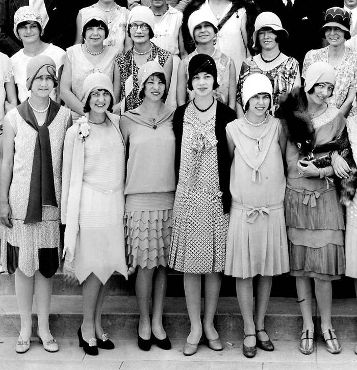 1920s era girls dressed in flapper dresses for a formal dance