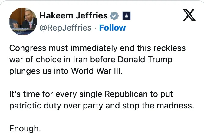 Tweet by Hakeem Jeffries urging Congress to end actions in Iran and calling Republicans to prioritize patriotic duty over party